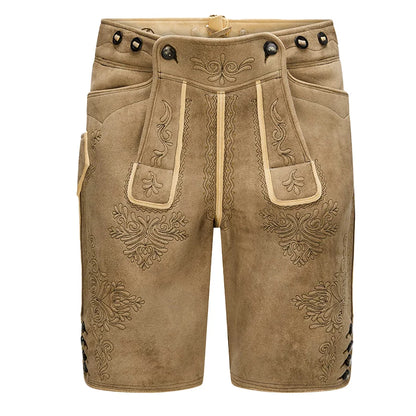Brown leather shorts with intricate embroidery on a white background
