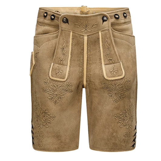 Brown leather shorts with intricate embroidery on a white background