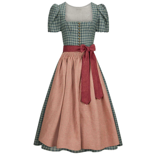 Traditional dress with green checkered top and red-brown checkered skirt on a white background