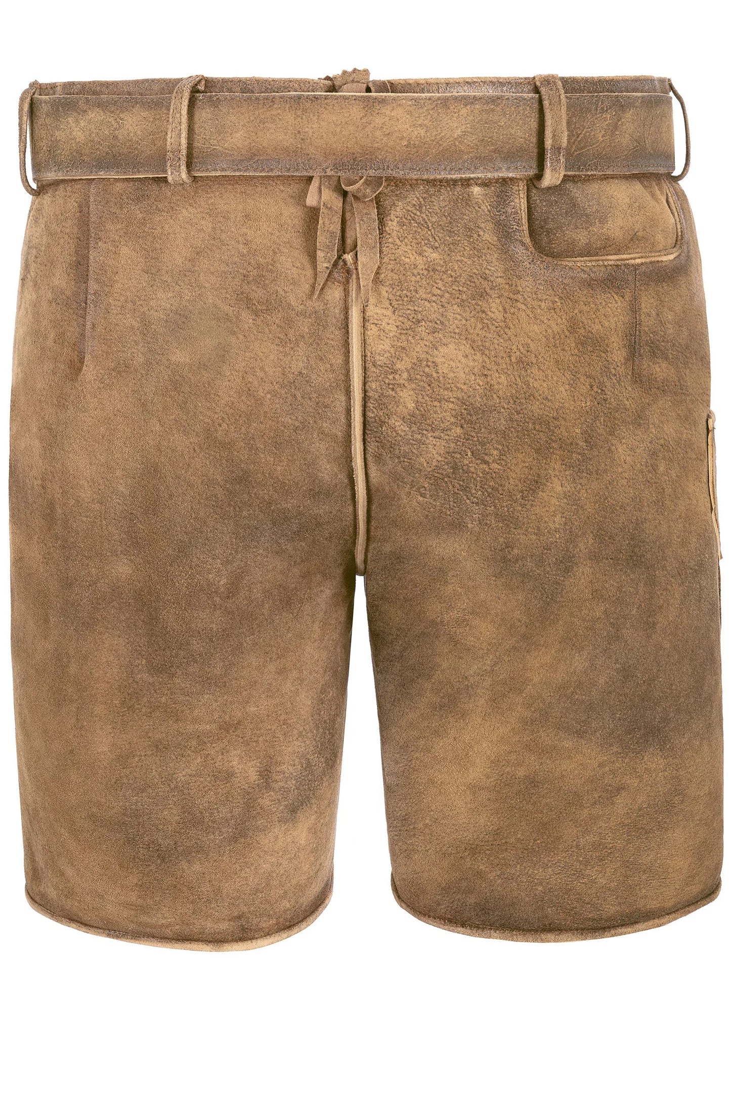 Brown leather shorts with a belt on a white background