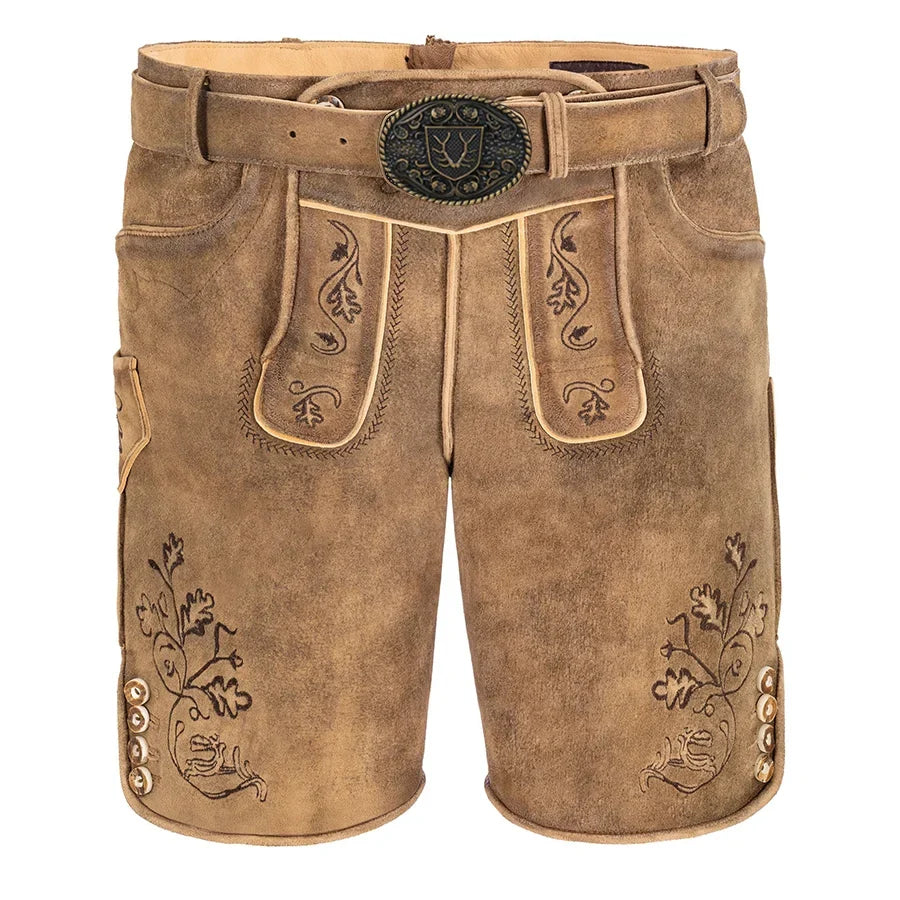 Brown leather shorts with decorative stitching on a white background