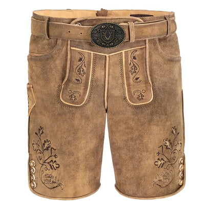 Brown leather shorts with decorative stitching on a white background