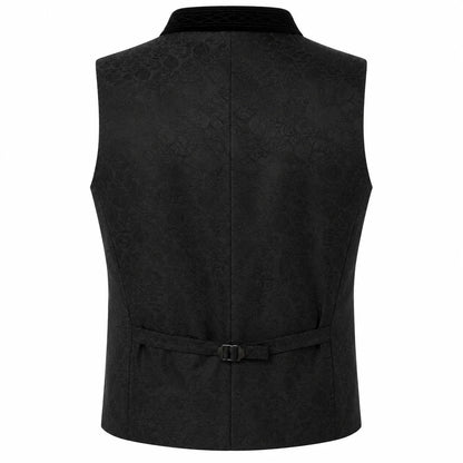 Black waistcoat vest with a subtle damask pattern, featuring a collar and a matching tie belt at the back, shown on a plain white background.