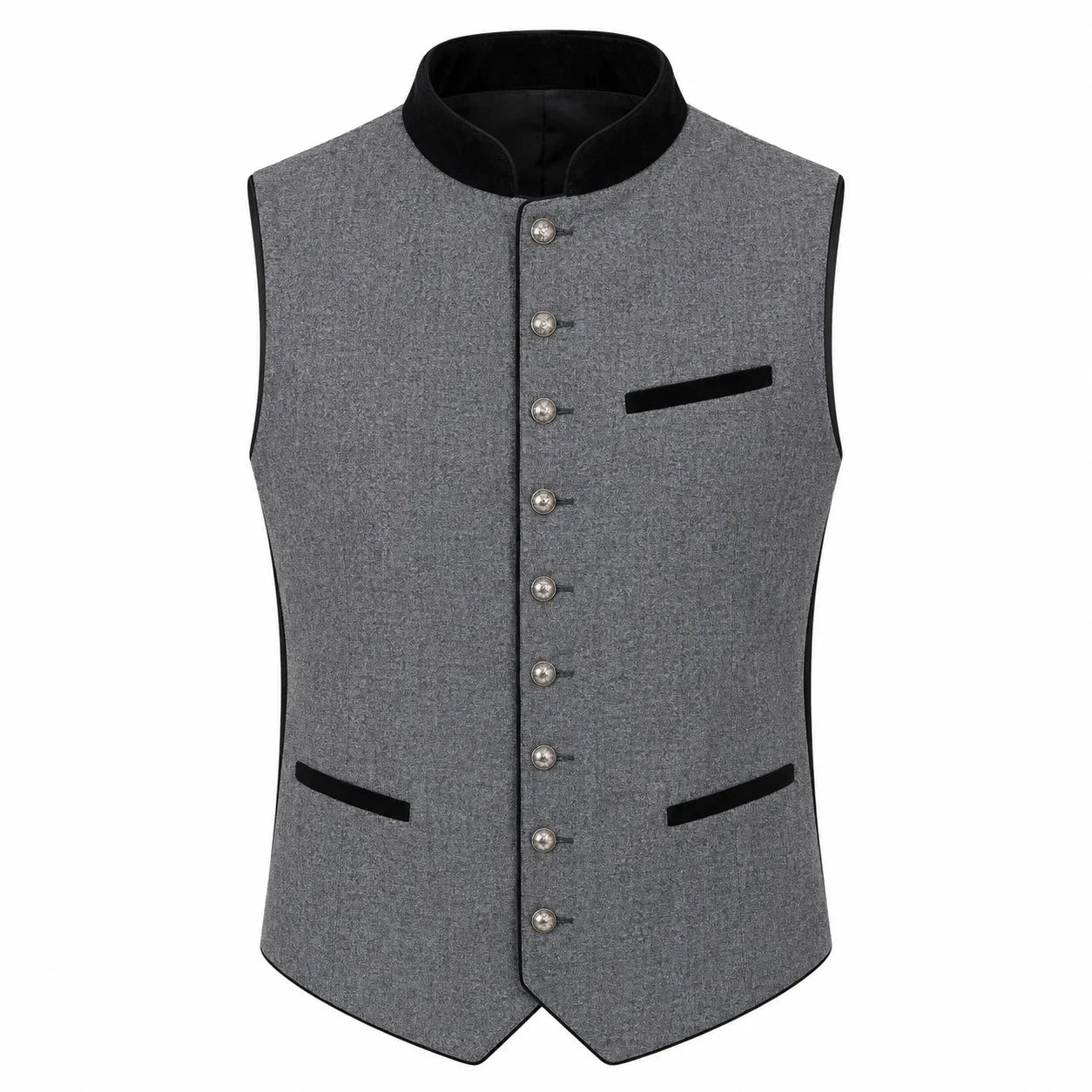 A gray textured waistcoat vest with black velvet trim, featuring a mandarin collar, silver-tone front buttons, and two front pockets, shown against a plain white background.