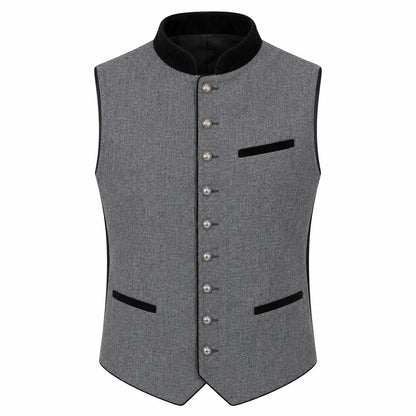 A gray textured waistcoat vest with black velvet trim, featuring a mandarin collar, silver-tone front buttons, and two front pockets, shown against a plain white background.