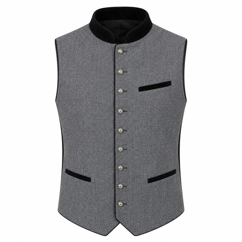 A gray textured waistcoat vest with black velvet trim, featuring a mandarin collar, silver-tone front buttons, and two front pockets, shown against a plain white background.