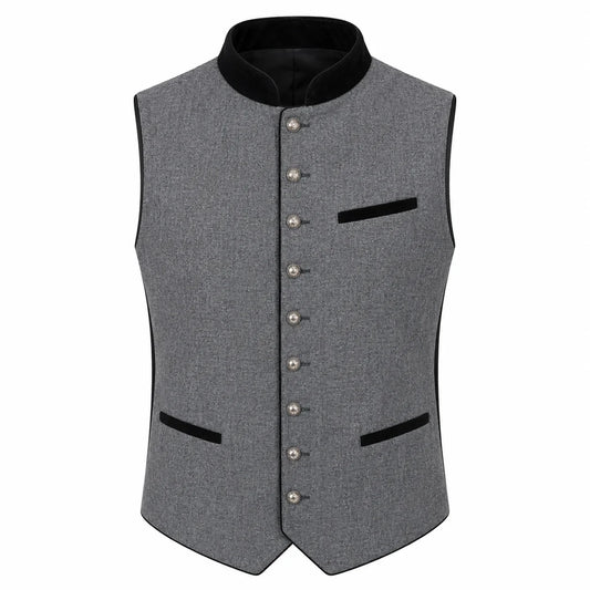 A gray textured waistcoat vest with black velvet trim, featuring a mandarin collar, silver-tone front buttons, and two front pockets, shown against a plain white background.
