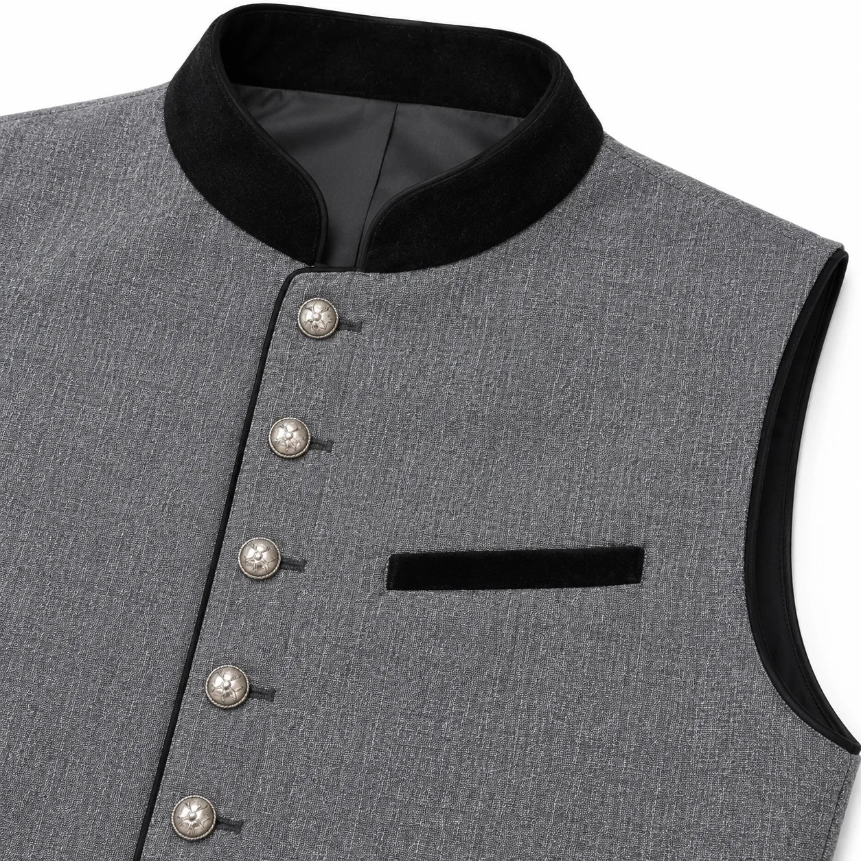 A close-up of a gray textured waistcoat with a black velvet collar, sleeve trim, and a matching black chest pocket, accented by decorative silver-tone buttons.