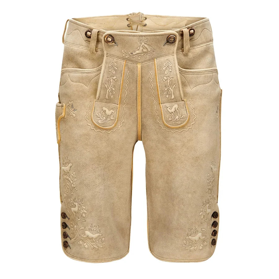 Beige traditional embroidered pants on a white background