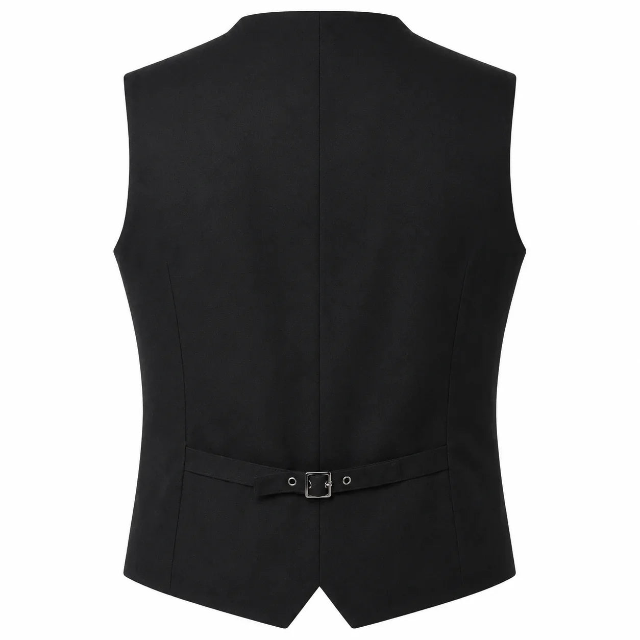 Black waistcoat vest shown from the back, featuring a structured silhouette, a matching tie belt with a silver buckle at the waist, and a notched lapel neckline, set against a plain white background.