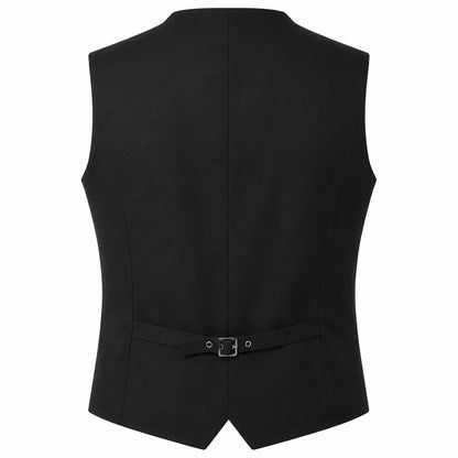 Black waistcoat vest shown from the back, featuring a structured silhouette, a matching tie belt with a silver buckle at the waist, and a notched lapel neckline, set against a plain white background.
