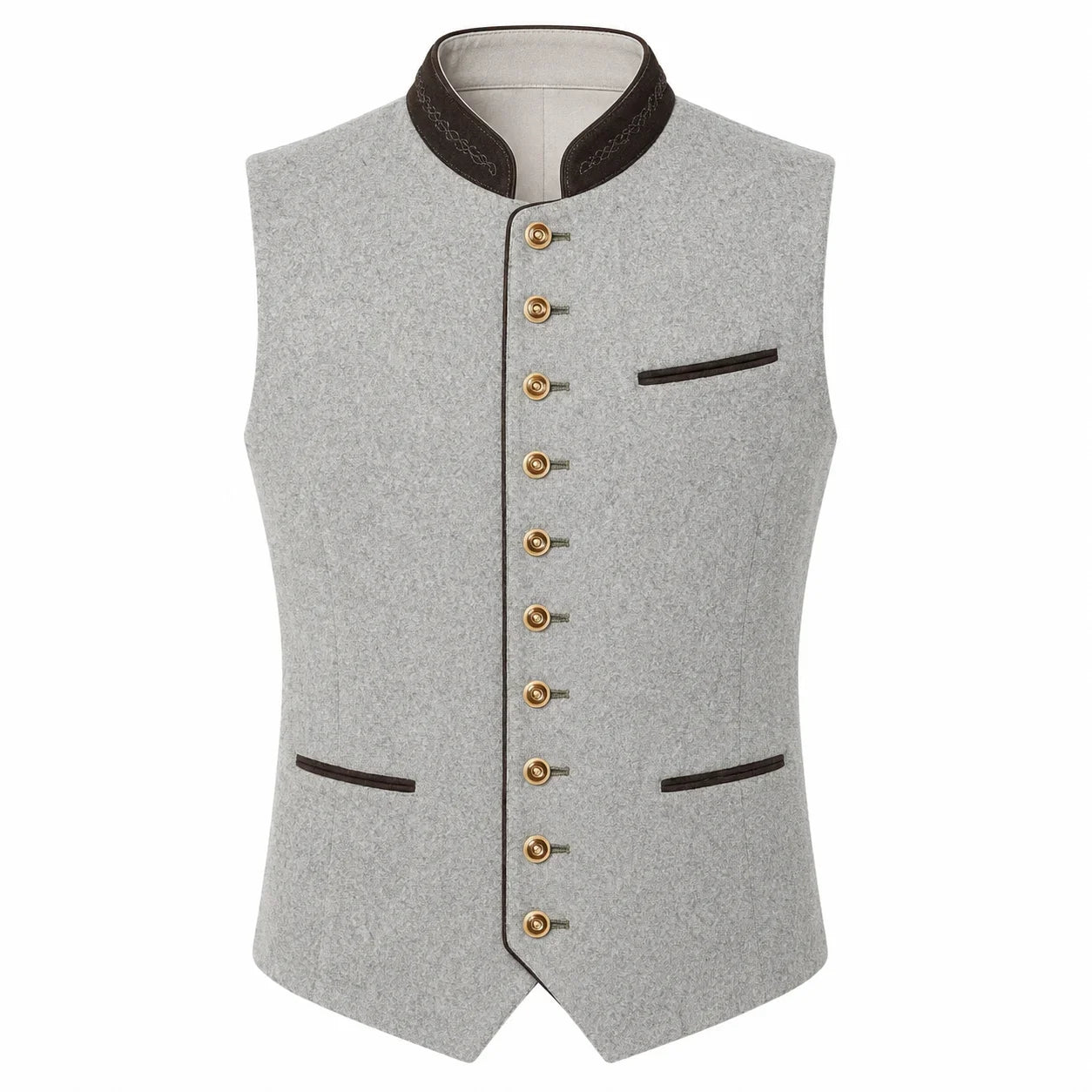 A light gray felted wool vest with dark brown trim, gold buttons, and a high stand collar, shown on a plain white background.