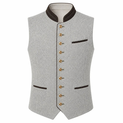 A light gray felted wool vest with dark brown trim, gold buttons, and a high stand collar, shown on a plain white background.