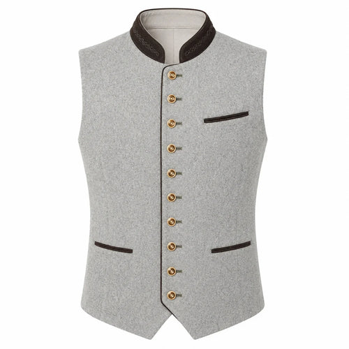 A light gray felted wool vest with dark brown trim, gold buttons, and a high stand collar, shown on a plain white background.