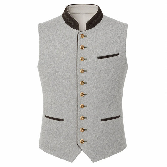 A light gray felted wool vest with dark brown trim, gold buttons, and a high stand collar, shown on a plain white background.