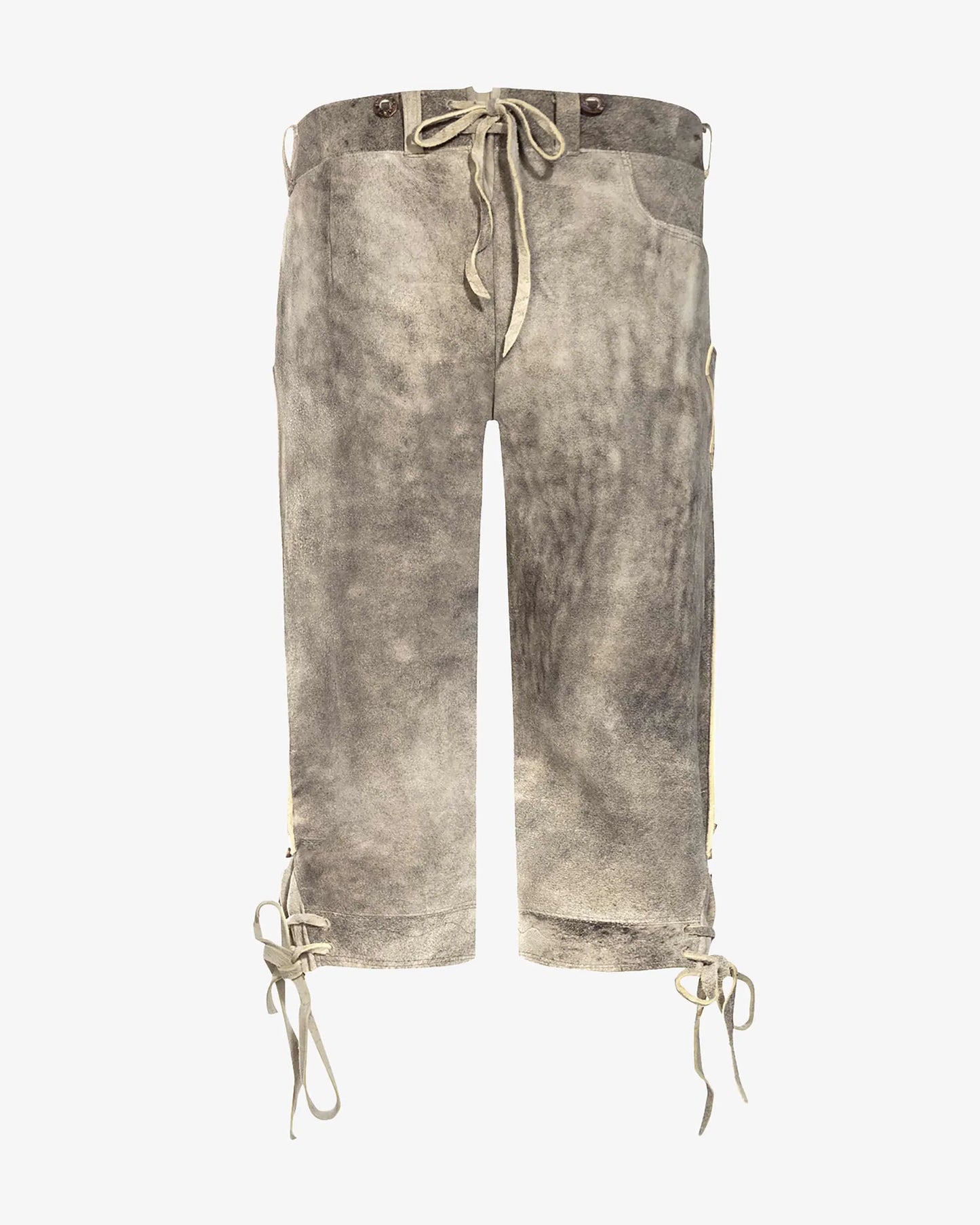 Distressed gray capri pants with drawstring on a white background