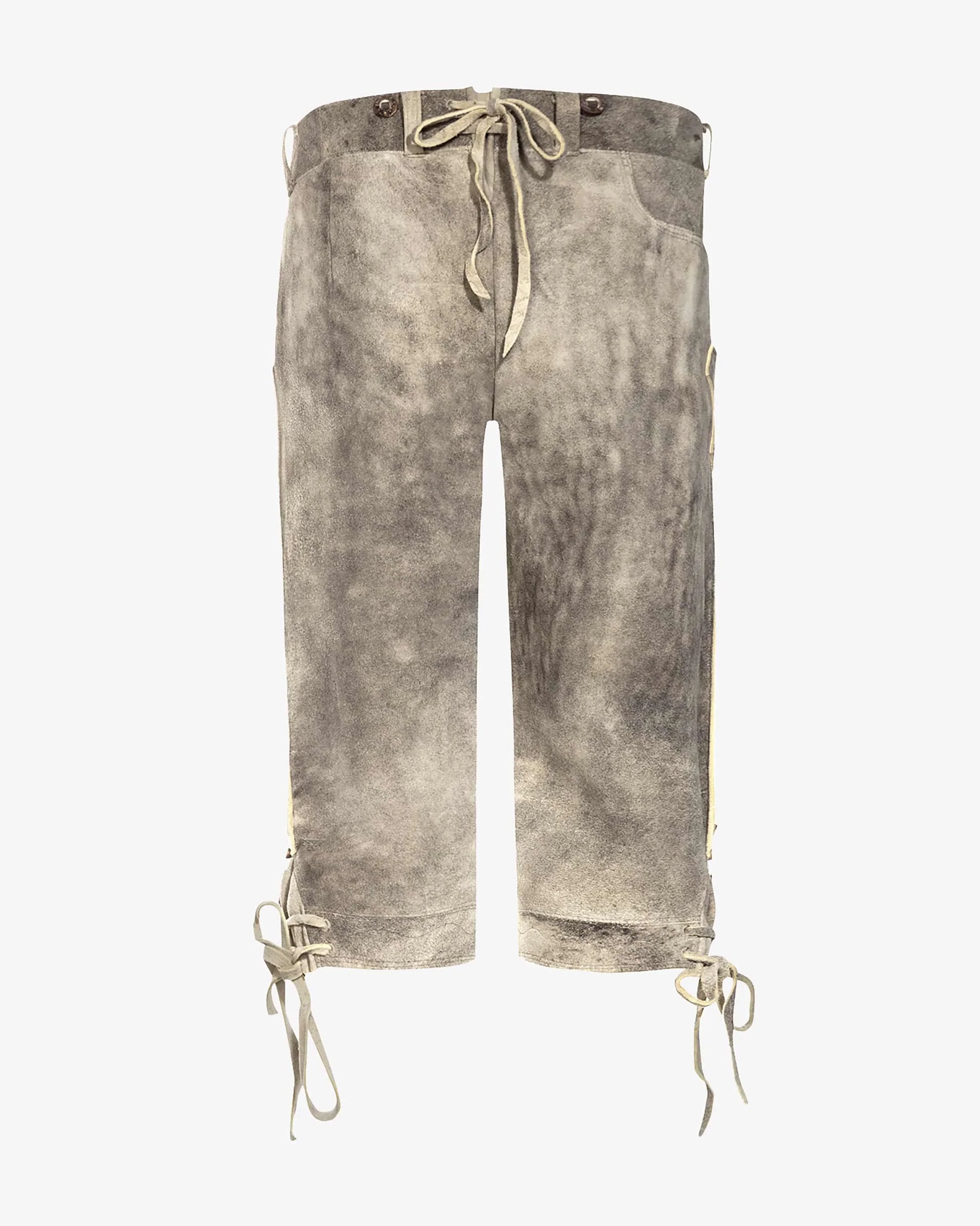 Distressed gray capri pants with drawstring on a white background