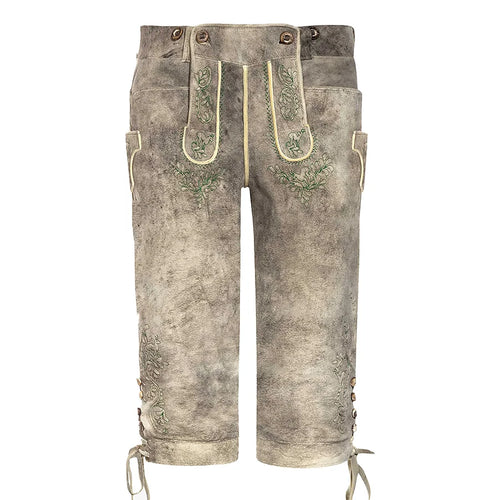 Traditional Bavarian lederhosen with floral embroidery on a white background