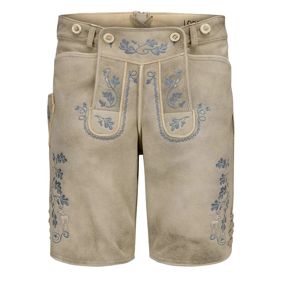 Beige shorts with blue floral embroidery on a white background