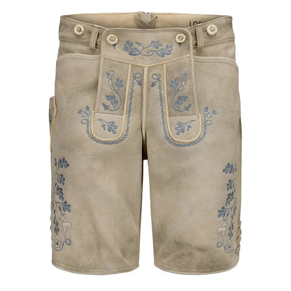 Beige shorts with blue floral embroidery on a white background