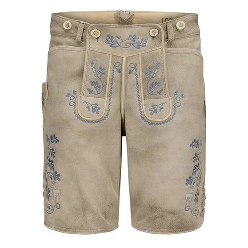 Beige shorts with blue floral embroidery on a white background