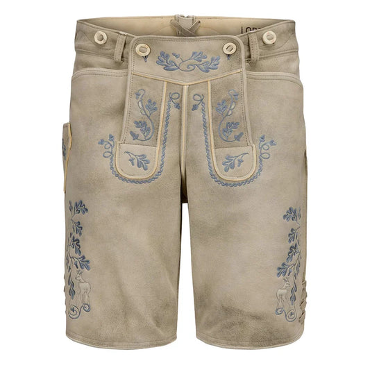 Beige shorts with blue floral embroidery on a white background