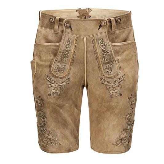 Beige leather shorts with intricate embroidery on a white background
