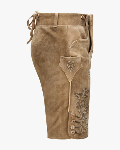 Brown leather shorts with embroidery on a white background