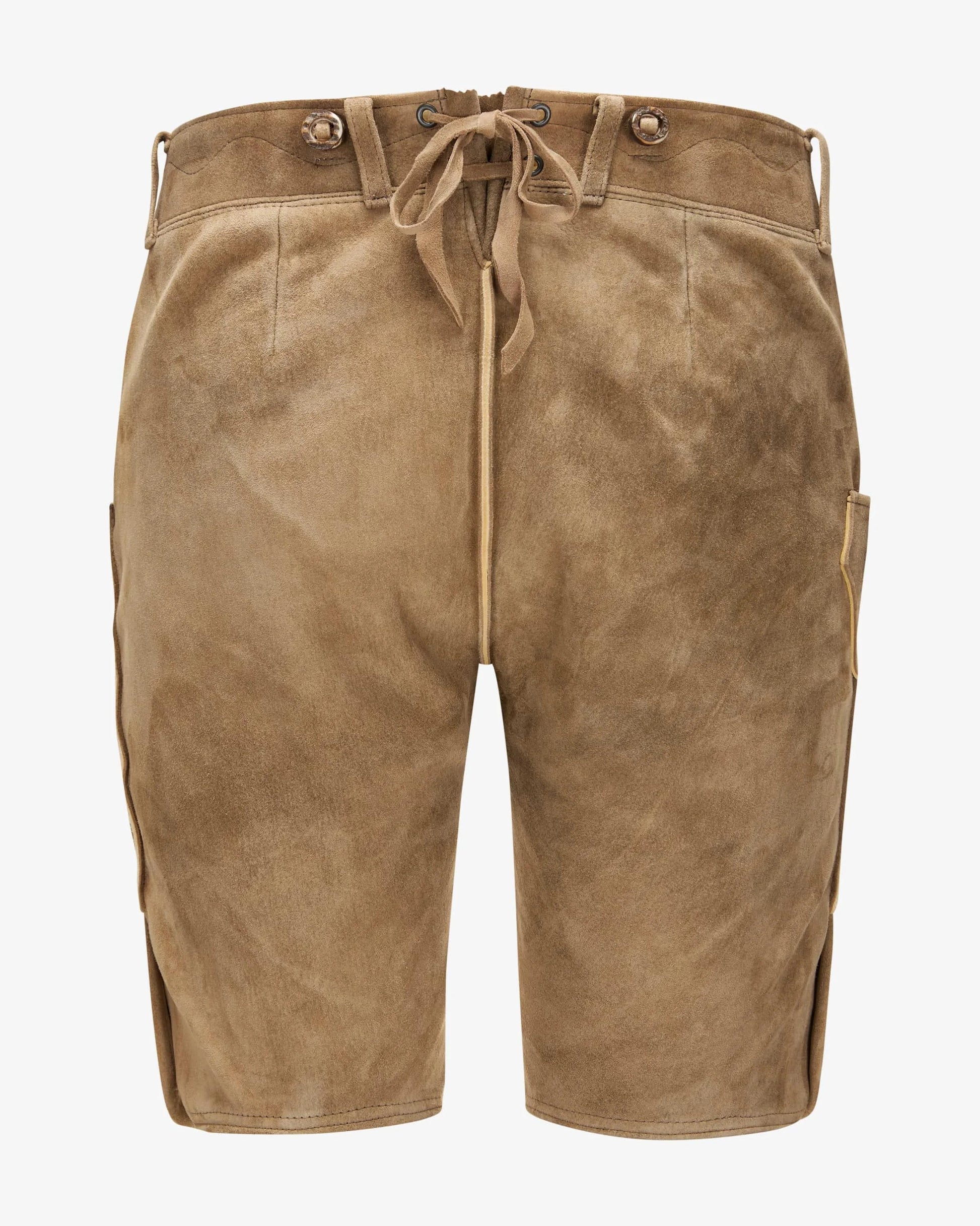 Brown suede shorts with drawstring on a white background