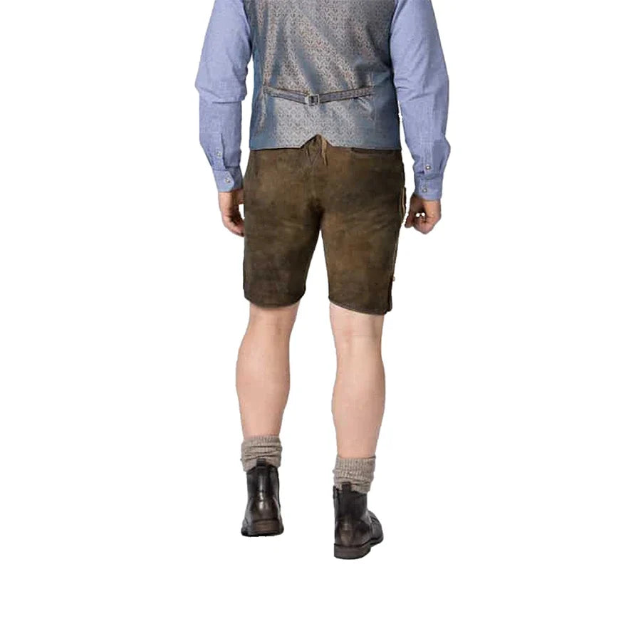 Person wearing brown shorts, a blue shirt, and patterned vest on a white background