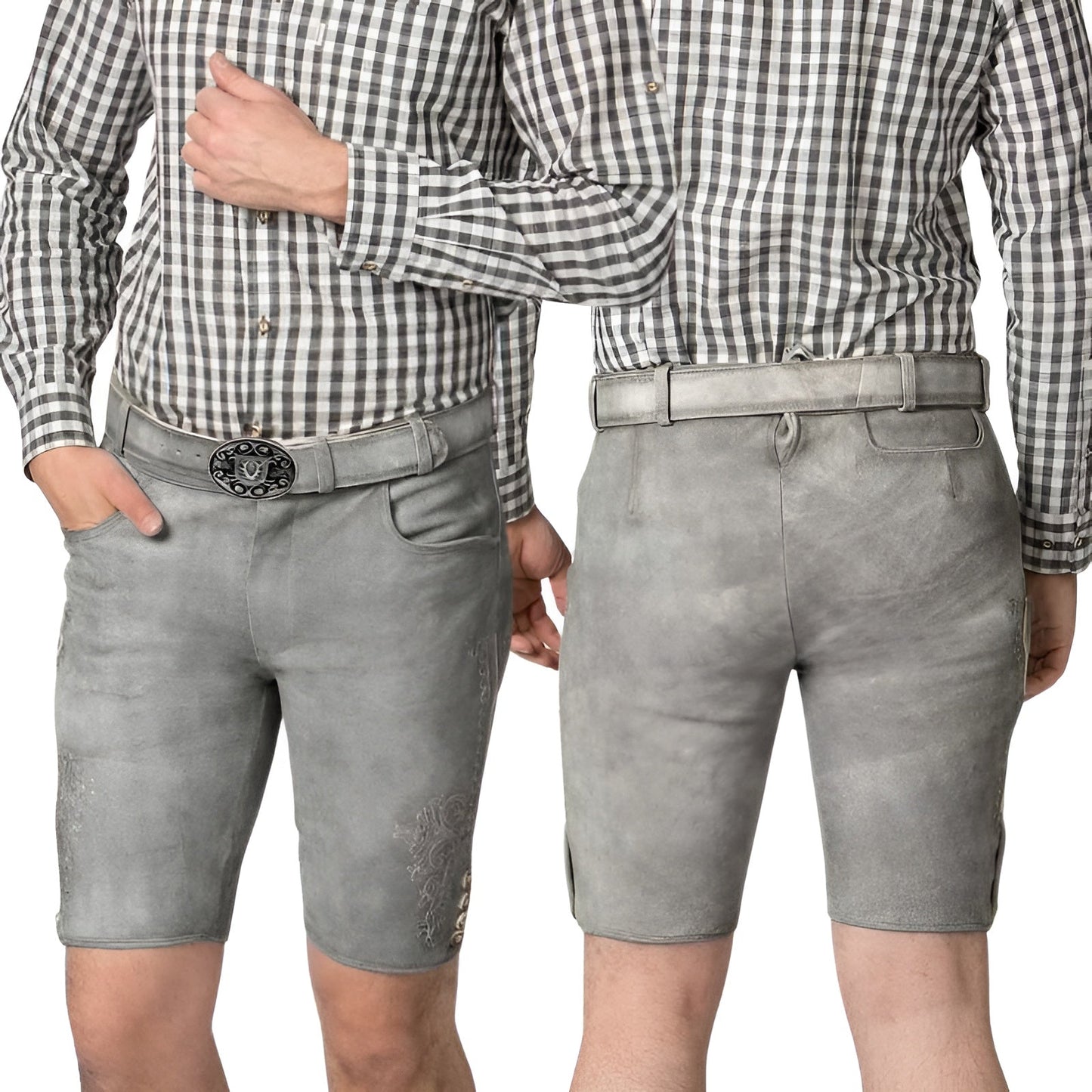 Two people wearing matching gray shorts and checkered shirts on a white background
