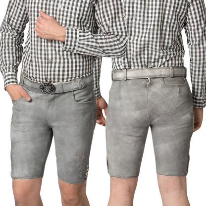 Two people wearing matching gray shorts and checkered shirts on a white background