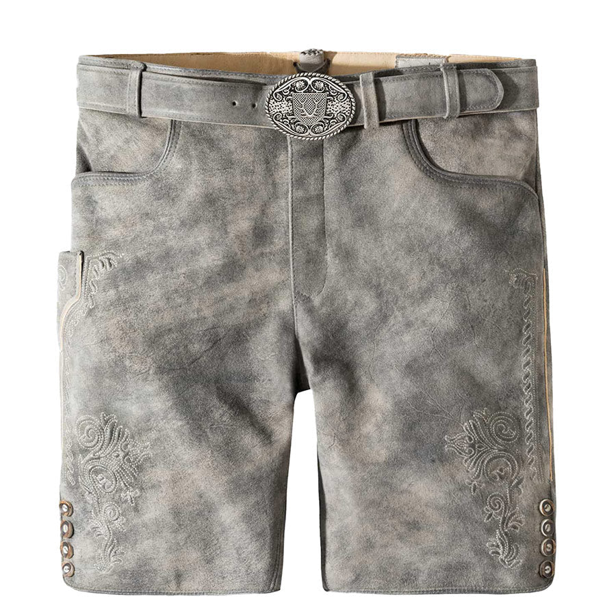 Gray leather shorts with decorative patterns and a belt on a white background