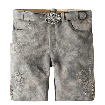 Gray leather shorts with decorative patterns and a belt on a white background