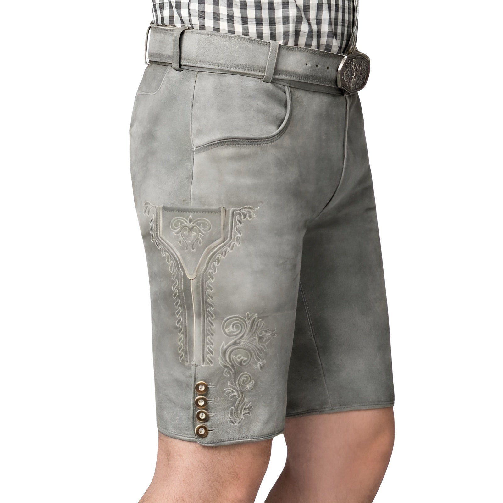 Gray leather shorts with embroidery and buttons on a white background