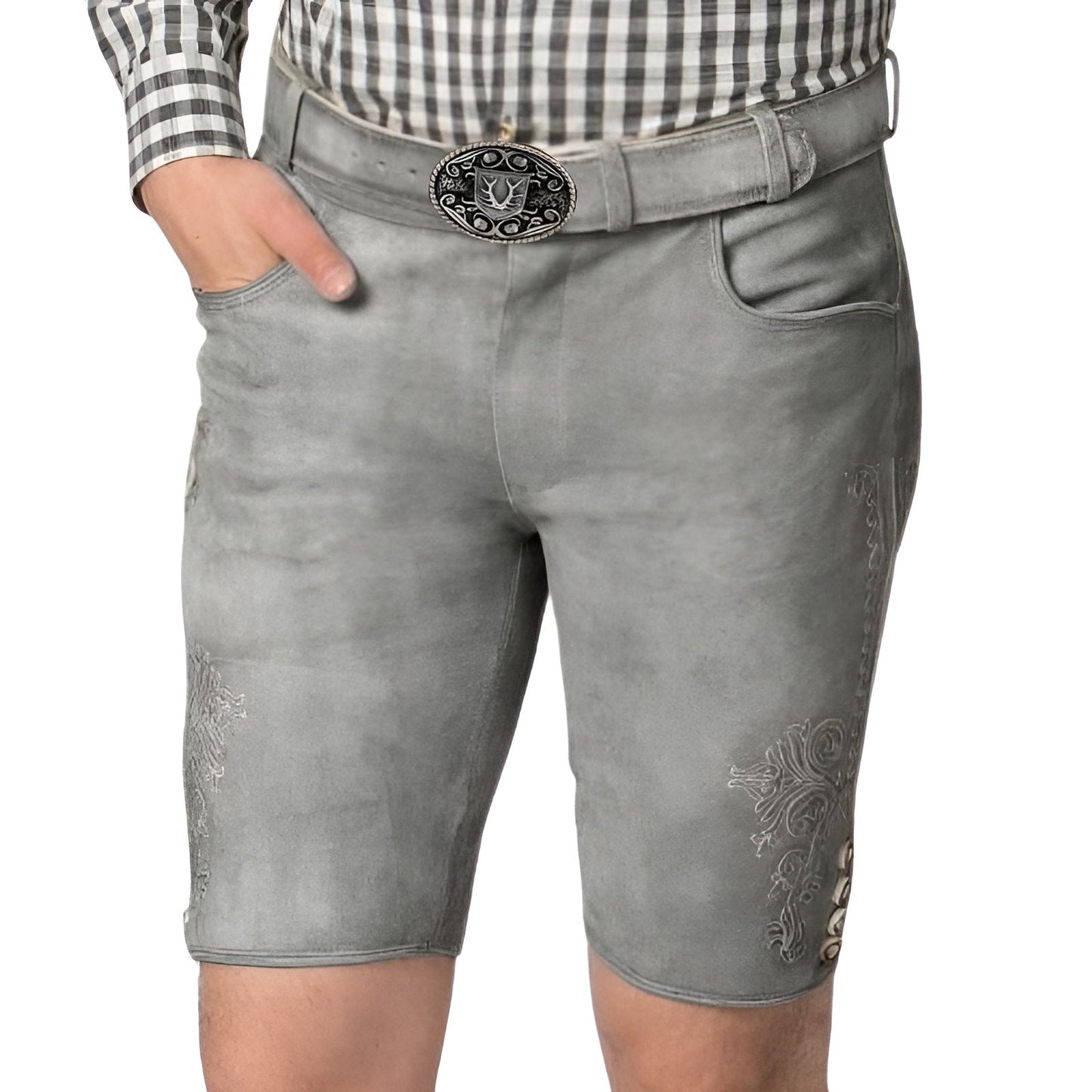 Gray shorts with decorative patterns and a belt on a white background
