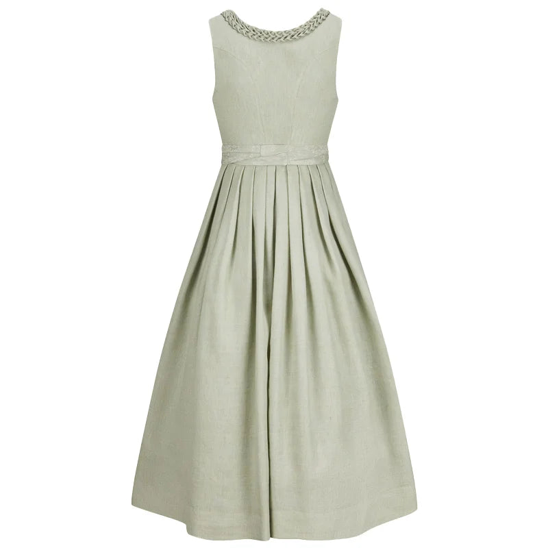 Light green dress with beaded neckline on a white background