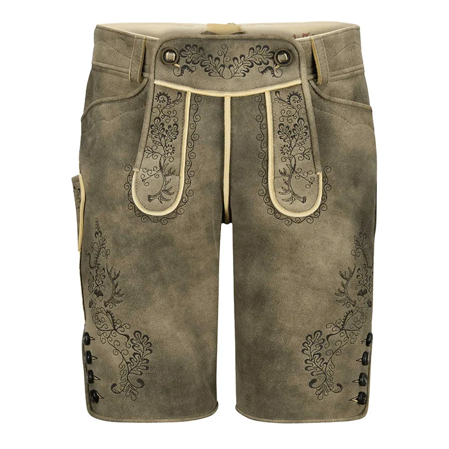 Brown leather shorts with floral embroidery on a white background
