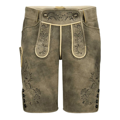 Brown leather shorts with floral embroidery on a white background