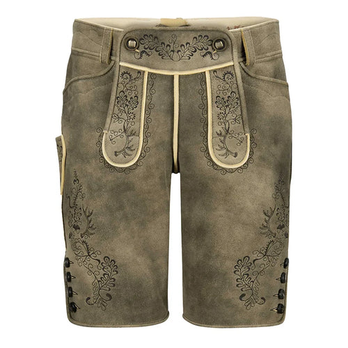 Brown leather shorts with floral embroidery on a white background