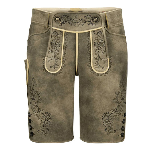 Brown leather shorts with floral embroidery on a white background