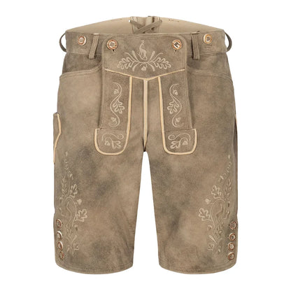 Brown leather shorts with embroidery on a white background