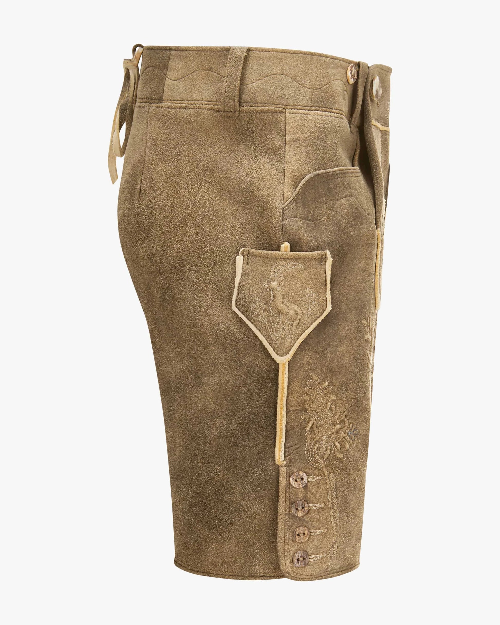 Brown leather shorts with a decorative patch on a white background