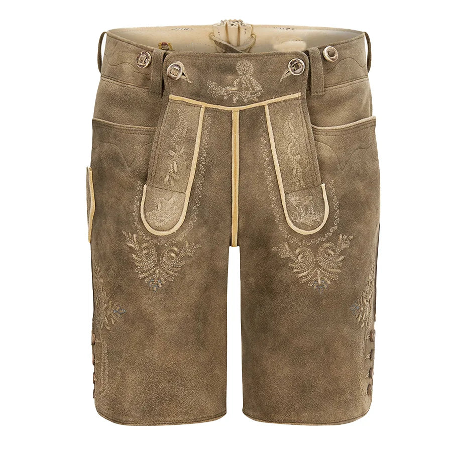 Brown leather shorts with embroidery on a white background
