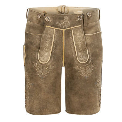Brown leather shorts with embroidery on a white background