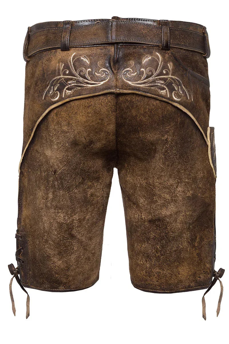 Brown leather shorts with decorative stitching on a white background