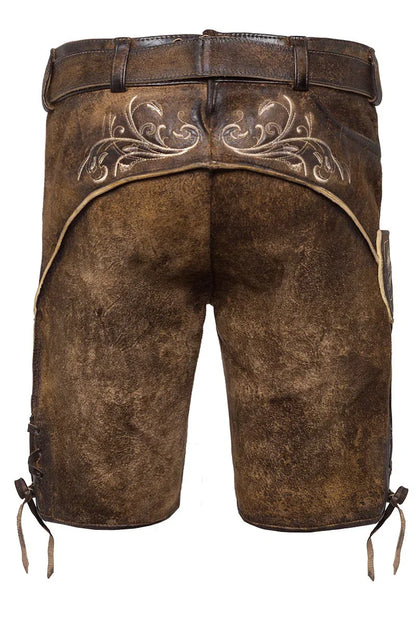 Brown leather shorts with decorative stitching on a white background