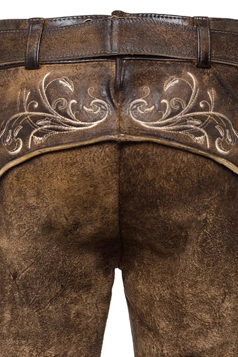 Brown leather pants with intricate white embroidery on a white background