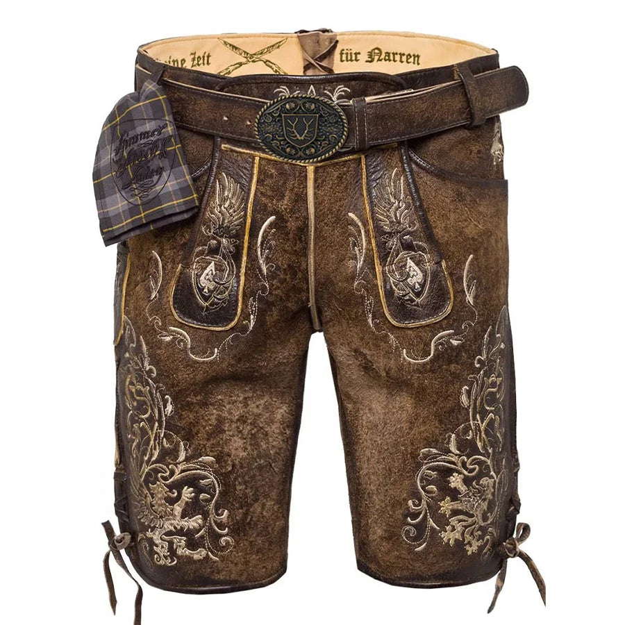 Brown leather shorts with intricate embroidery on a white background