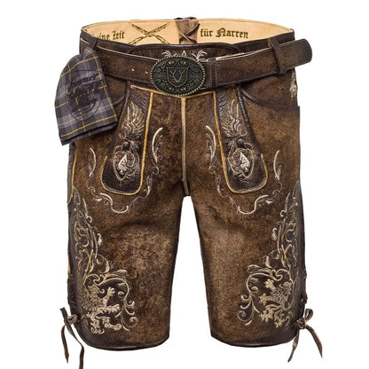 Brown leather shorts with intricate embroidery on a white background